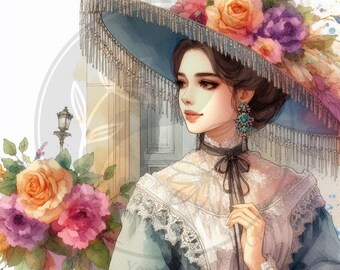 50 Victorian Lady in Watercolor Digital Art Printable Kit Instant Digital Download Vintage Images Scrapbooking Journaling Card Making