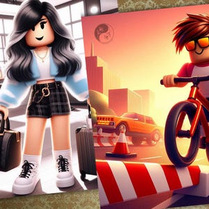 May include: Two digital art prints. One features a cartoon character with black and gray hair, wearing a blue jacket, holding a black bag and a suitcase. The other shows a cartoon character riding a red bicycle over a barrier in a city setting.