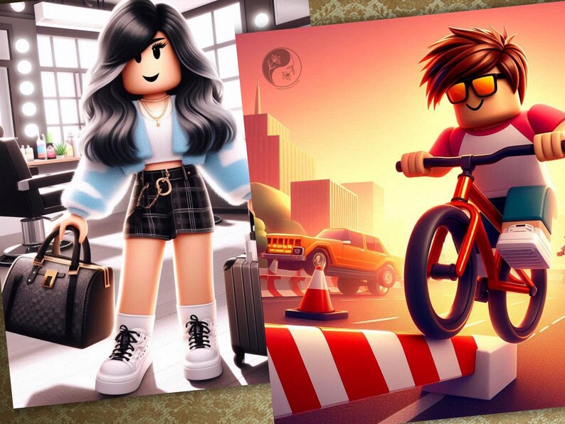 May include: Two digital art prints. One features a cartoon character with black and gray hair, wearing a blue jacket, holding a black bag and a suitcase. The other shows a cartoon character riding a red bicycle over a barrier in a city setting.