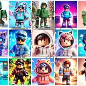 May include: A collection of colorful digital art featuring Roblox characters in various outfits. Some characters are wearing hoodies, holding skateboards, or wearing sunglasses. The art style is vibrant and cartoonish.