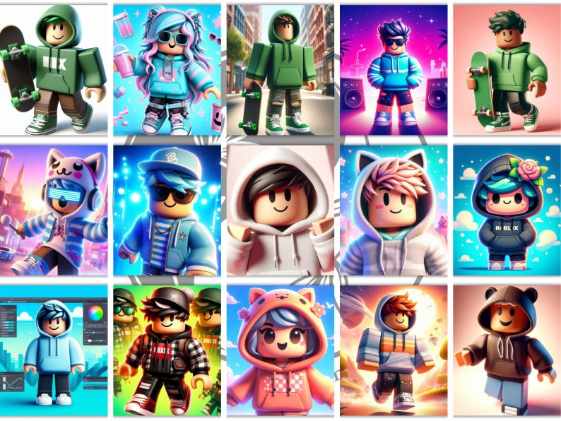 May include: A collection of colorful digital art featuring Roblox characters in various outfits. Some characters are wearing hoodies, holding skateboards, or wearing sunglasses. The art style is vibrant and cartoonish.