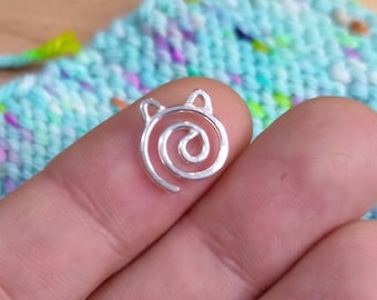 Spiral Kitty Cat Stitch Markers - 935 Sterling Silver - Movable Progress Keepers - Giftable Notions