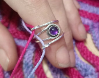 Amethyst Yarn Ring - Sterling Silver Crochet / Knitting Ring - Yarn Guide - Handmade