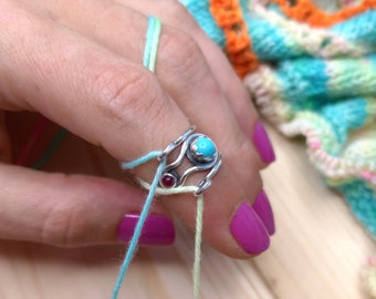 Yarn Guide Ring - Turquoise and Garnet Sterling Silver Tension Ring for Knitting or Crochet