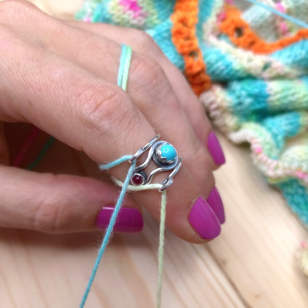 Yarn Guide Ring - Turquoise and Garnet Sterling Silver Tension Ring for Knitting or Crochet