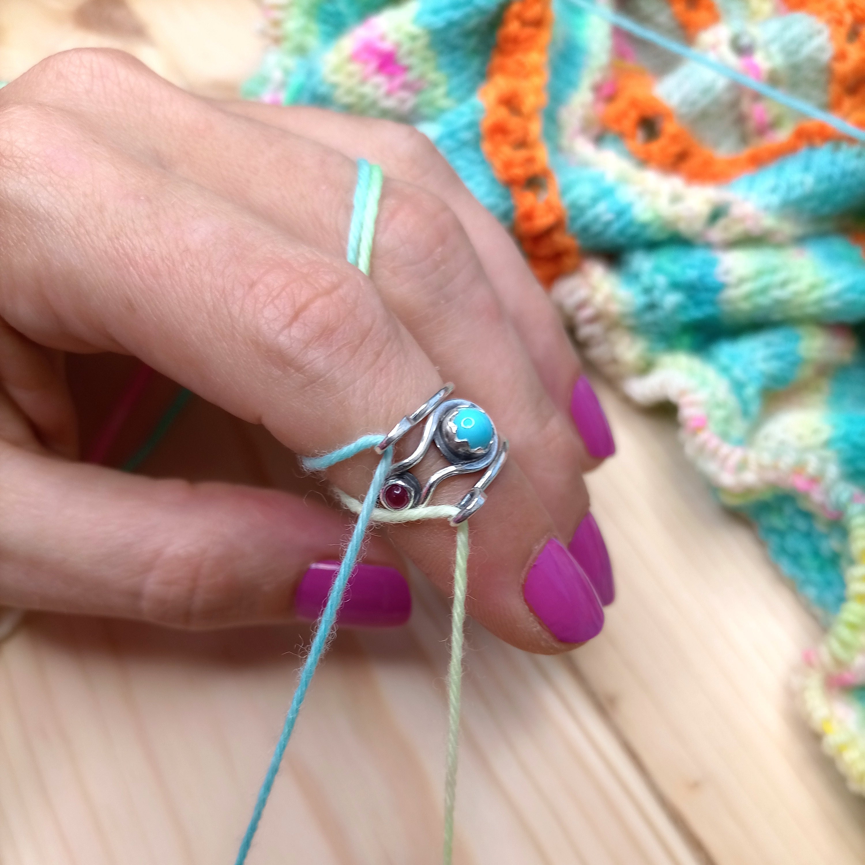 Yarn Guide Ring Turquoise and Garnet Sterling Silver Tension Ring