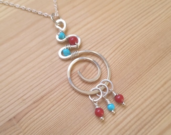 Knitters Stitch Marker Necklace - Sterling Silver with Turquoise and Coral