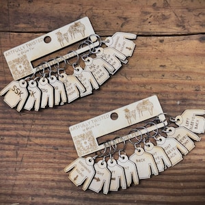 May include: Two sets of wooden knitting stitch markers with metal rings. The markers are labeled with different knitting terms, such as "SSK", "K", "OG", "ML", "FTO B", "Beginning of Round", "Right", "Left", "Sleeve Back", and "Back".