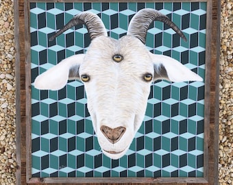 Original Three Eyed Goat Acrylic Painting Reclaimed Wood Frame