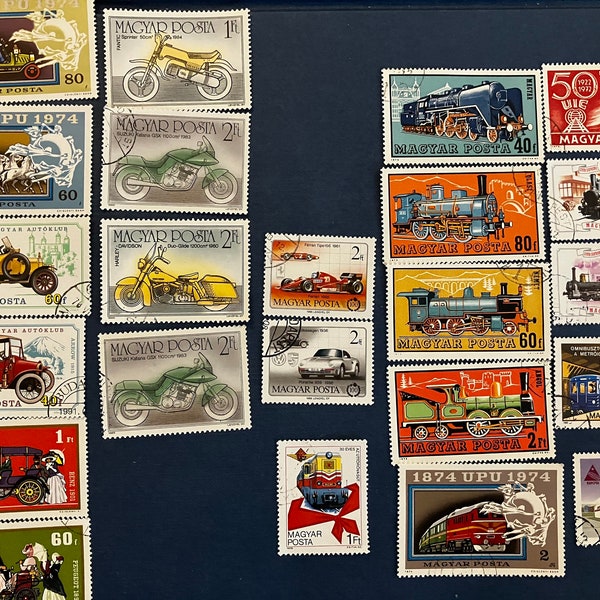 20+ Large Postage Stamp Lot, Motorcycles, Cars and Trains from Hungary, For Mix Media or Collecting