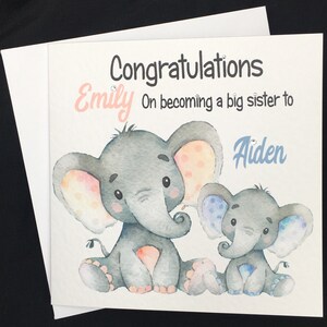Personalised Congratulations big sister to little brother elephant birth card