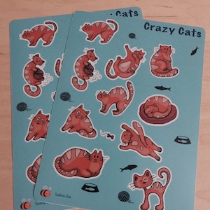 Feuille d’autocollants Crazy Cats faite à la main, 10 autocollants Tabby Cat, pour planificateurs, journalisation, scrapbooking, décoration