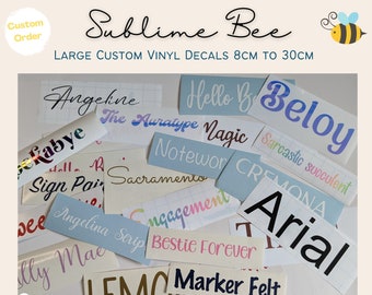 CUSTOM VINYL DECALS, Personalised Stickers, Up to 30cm. Wedding, Birthday & Baby Shower Signs, Name labels, Mirrors, Cars, Windows, Cups etc