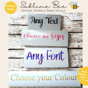 Custom Sparkle Vinyl Decals – Personalised Name Stickers, Glitter Vinyl Lettering for Glasses, Water Bottles, Party Favours & Gifts etc