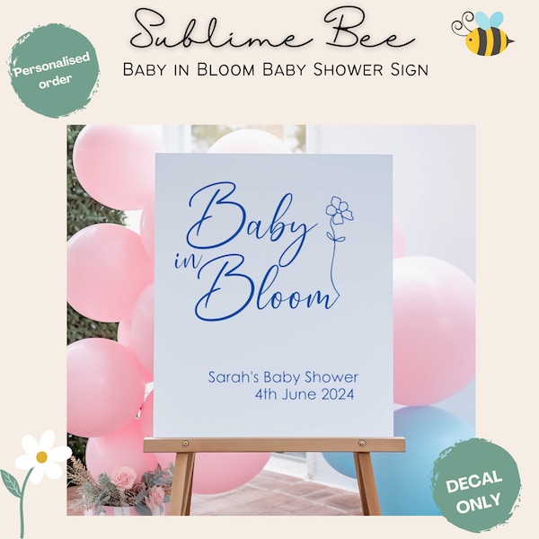 Personalised Baby in Bloom Baby Shower Vinyl Decal Sign for Acrylic, Mirrors or Glass, Customised, DIY Sign Decal, A1, A2, A3 & A4 sizes