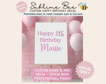 Personalised Happy Birthday Name Age Vinyl Decal Party Backdrop Balloon Sign