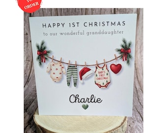 Personalised Baby’s First Christmas Card – Custom Name, Pink, Blue or Traditional Christmas Design