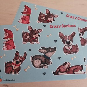 CRAZY DOGS STICKER sheet, Crazy Canine Peel off Stickers, 6 acuarelas Corgi Ilustraciones para Diario, Scrapbooking & Decoración, etc.