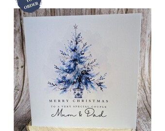 Personalised Watercolour Christmas Tree Card for Mum & Dad, Blue Winter Design
