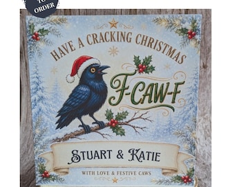 Personalised Crow Christmas Card, F-CAW-F Design, Couple Greeting (Made to Order)