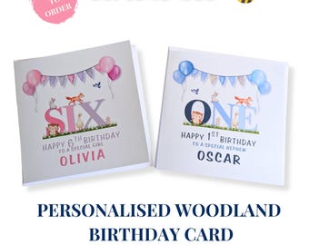 Personalised Woodland Birthday Card, Watercolour Animals, Any Age Child