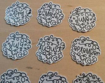 Months of the Year Doodle Stickers, Planner Stickers