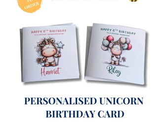 Personalised Unicorn Birthday Card Custom Name & Relationship Handmade Children’s Greetings Card