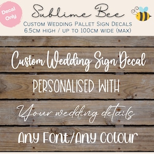 Decalques de placa de palete personalizados – Adesivos de vinil personalizados para decoração de casamento e chá de panela (6,5 cm de altura, até 100 cm de largura)