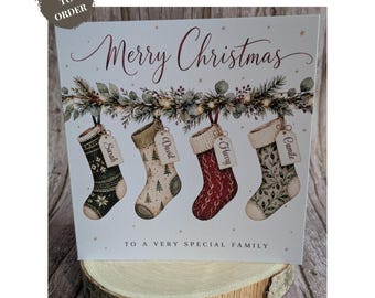 Personalised Family Christmas Card, Custom Stocking Names, Festive Garland Design