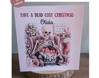 Personalised Skeleton Christmas Card, Hand-Foiled Name Greeting, Spooky Alternative Xmas Card