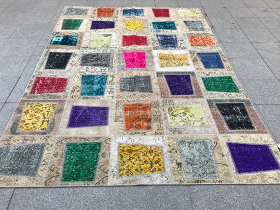 5x8 Vintage Turkish Patchwork Rug: Handmade Wool Anatolian Oushak Rug