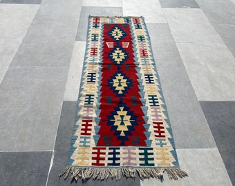 Vintage Turkish Kilim Runner Rug: 3x7 Red Wool Entryway Rug