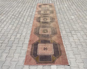 Vintage Turkish Oushak Runner Rug 3x12: Bohemian Wool Rug