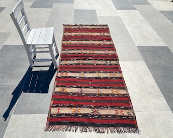 Vintage Turkish Kilim Runner Rug: 3.2x7.6 ft Wool Home Decor