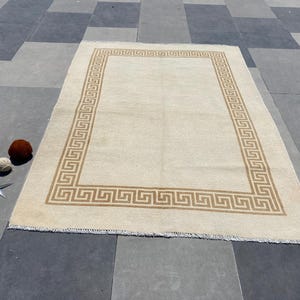 5x7 Vintage Turkish Oushak Rug: Muted Wool Area Rug