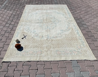 Oushak Vintage Wool Rug 6.6x10.3 ft, Handmade Turkish Rug