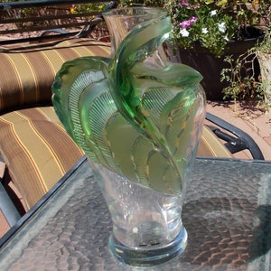 Lalique France Tanega Clear and Green Crystal 14 inch Vase