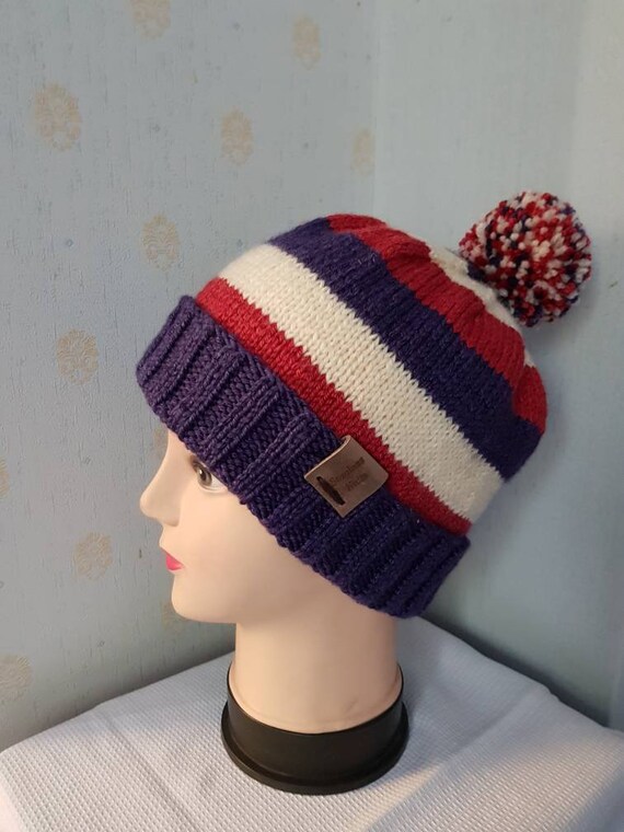 red white and blue bobble hat