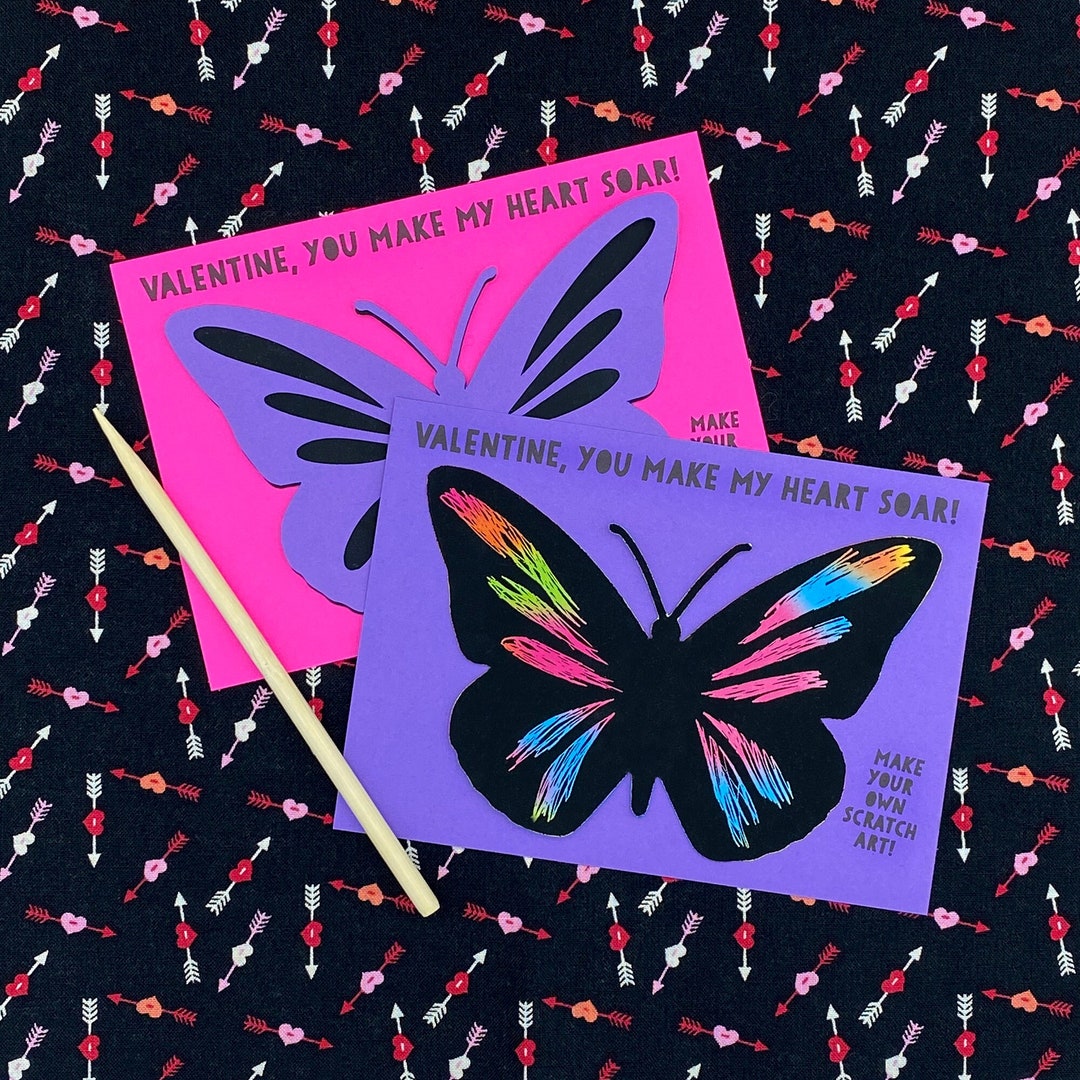 Scratch Art Butterfly Kids Valentine Card & Mini Craft Kit Use Included