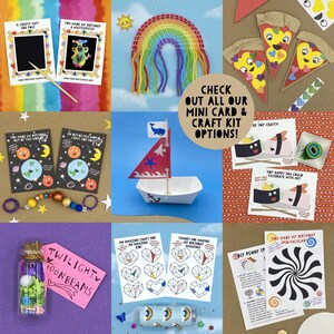 May include: A collage of images showcasing various craft kits for kids. The kits include a rainbow yarn craft, a DIY pizza craft, a sailboat craft, a sushi craft, a heart-shaped diamond craft, a penny spin game, and a spin art craft. The kits are all colorful and fun, and they are perfect for kids of all ages.