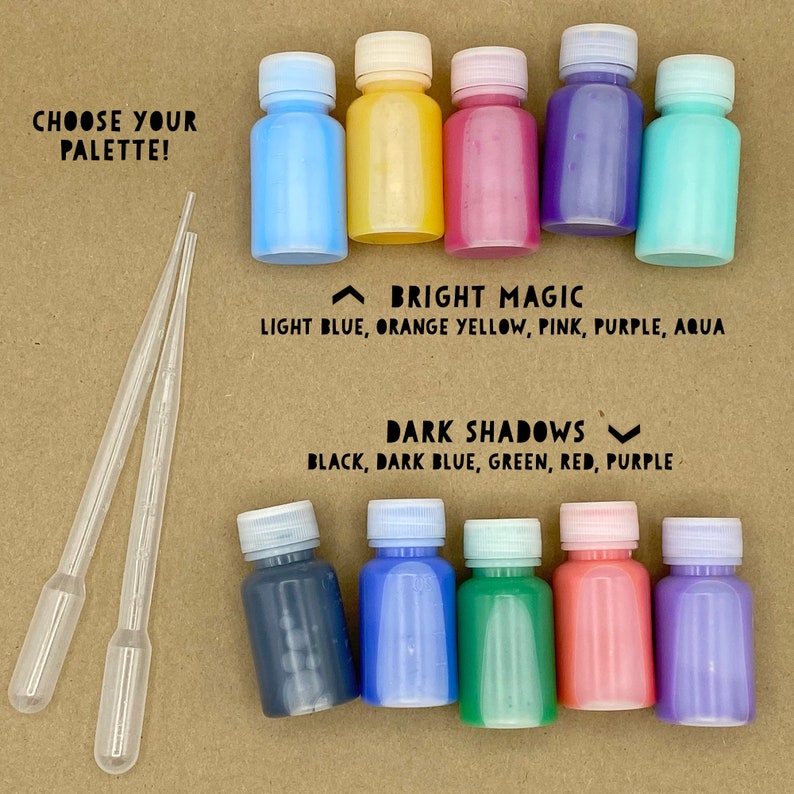 May include: A collection of small bottles filled with colorful liquids, including light blue, yellow, pink, purple, and aqua, labeled "Bright Magic." Below, a second row of bottles contains black, dark blue, green, red, and purple liquids, labeled "Dark Shadows."