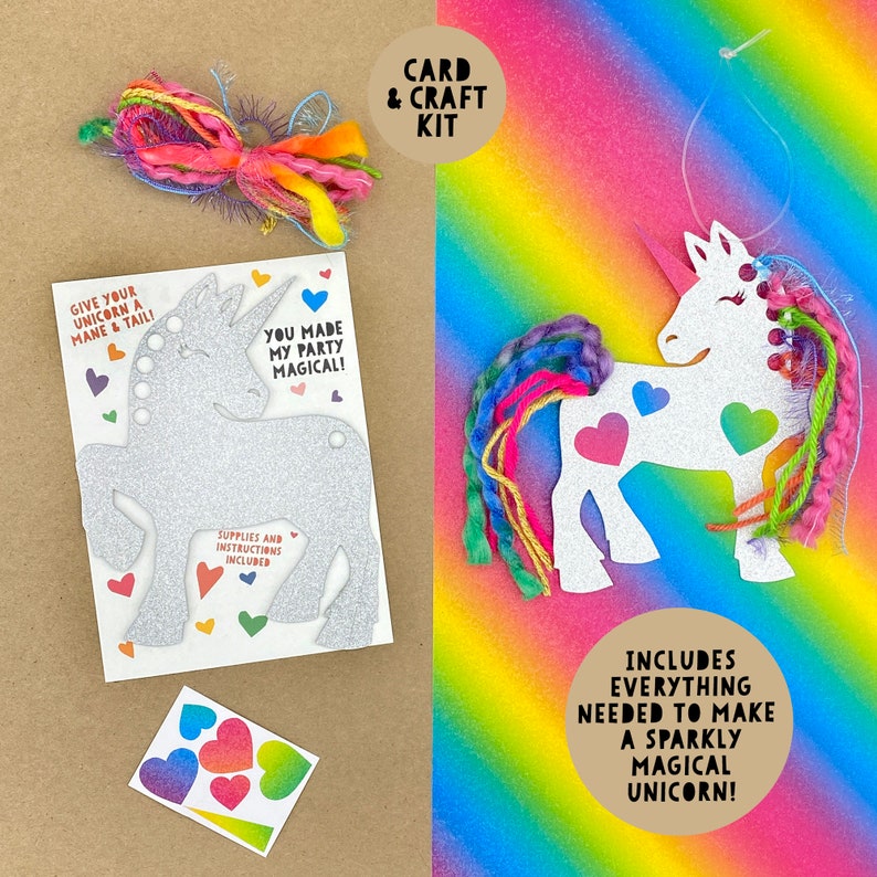 May include: A craft kit to make a sparkly unicorn. The kit includes a silver glitter unicorn cutout, colorful yarn for the mane and tail, and heart-shaped stickers. The text on the card reads "Give your unicorn a mane & tail! You made my party magical! Supplies and instructions included."