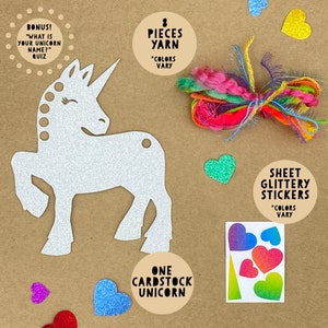 May include: A craft kit featuring a white glitter cardstock unicorn, 8 pieces of yarn in assorted colors, and a sheet of rainbow glitter stickers. The kit also includes a bonus "What is your unicorn name?" quiz.