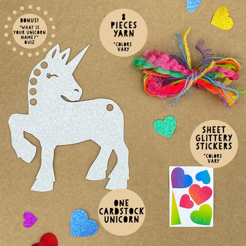 May include: A craft kit featuring a white glitter cardstock unicorn, 8 pieces of yarn in assorted colors, and a sheet of rainbow glitter stickers. The kit also includes a bonus "What is your unicorn name?" quiz.