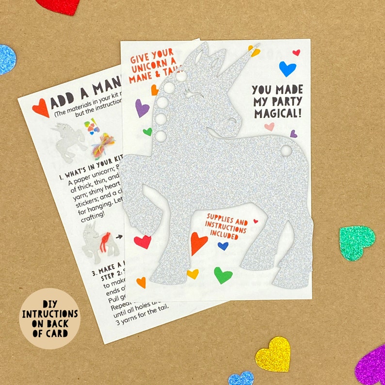 Unicorn Kids Card & Mini Craft Kit | Unicorn Party Favor | Classroom Handout | Sparkly Yarn Mane | Glitter Stickers | Goodie Bag | Magical! image 3
