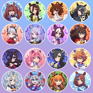 May include: A collection of sixteen circular anime-style character illustrations. Each character is depicted with unique hairstyles, outfits, and expressions, set against colorful backgrounds. The characters have animal-like features.