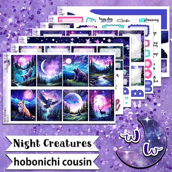 Night Creatures full weekly sticker kit, HOBONICHI COUSIN format, a la carte and bundle options. WW520