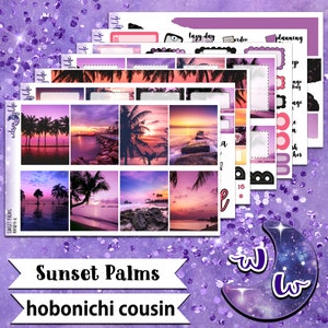 Sunset Palms full weekly sticker kit, HOBONICHI COUSIN format, a la carte and bundle options. WW489