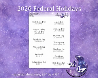 2026 Federal Holidays, deco planner stickers, WW955