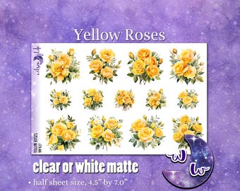 Yellow Roses deco planner stickers, Matte or frosted clear. WW927